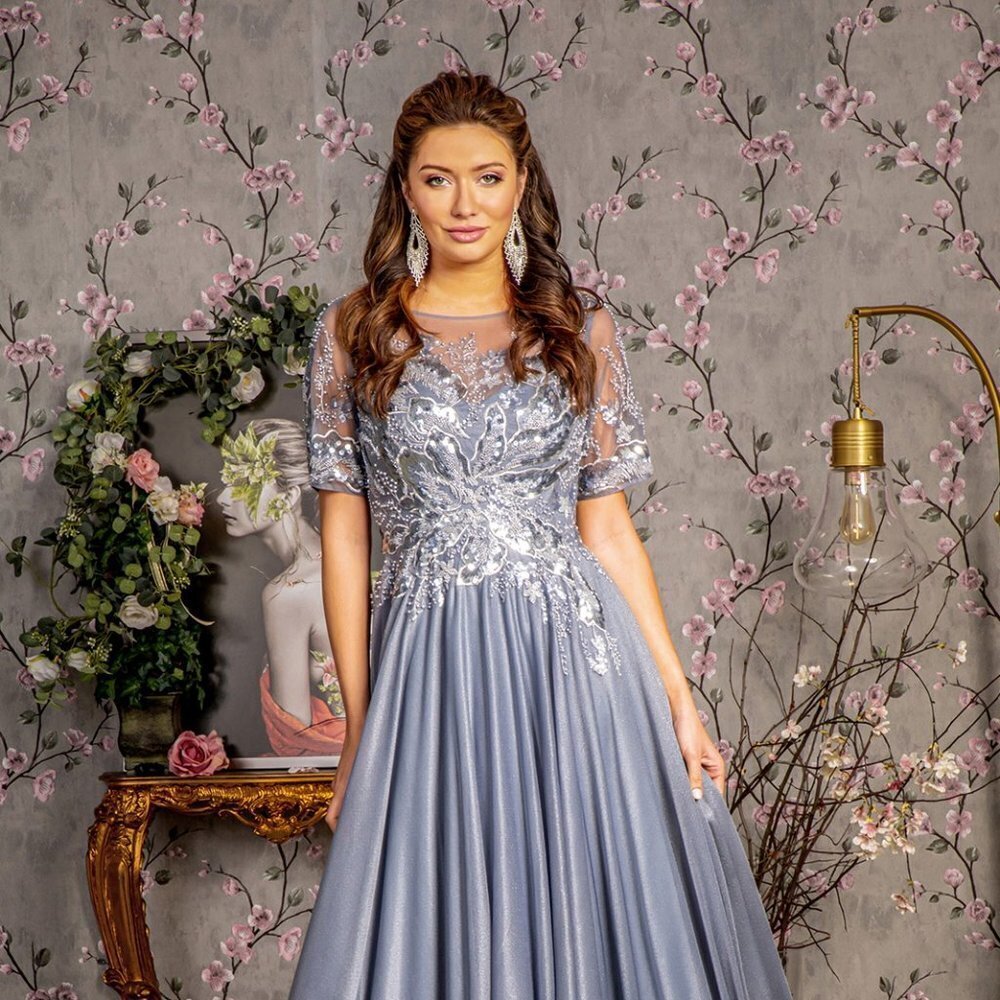 NEW FORMAL METALLIC EMBROIDERED DRESS WITH SHORT SLEEVES AND BOAT-NECK GL3444
